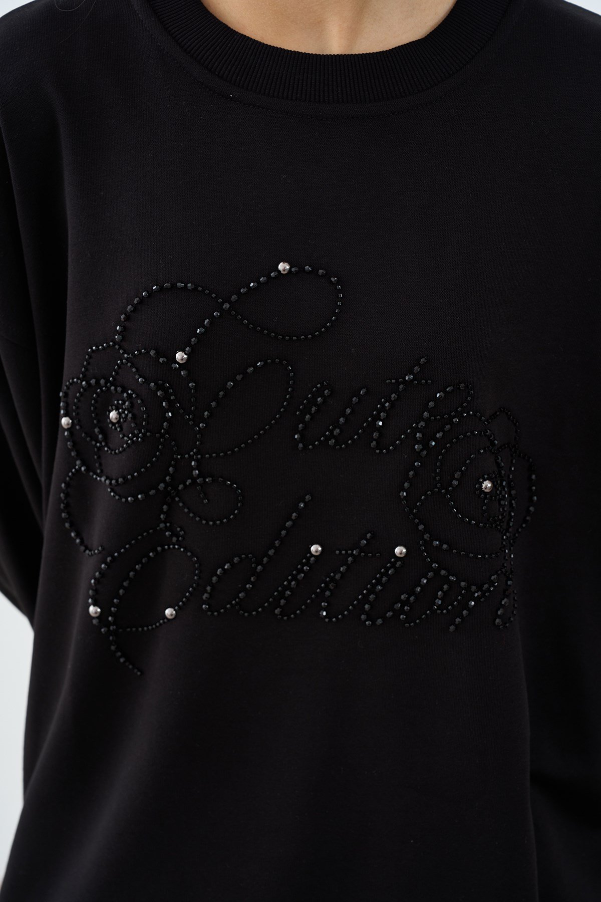 Önü İşlemeli Balon Kol Sweatshirt Siyah