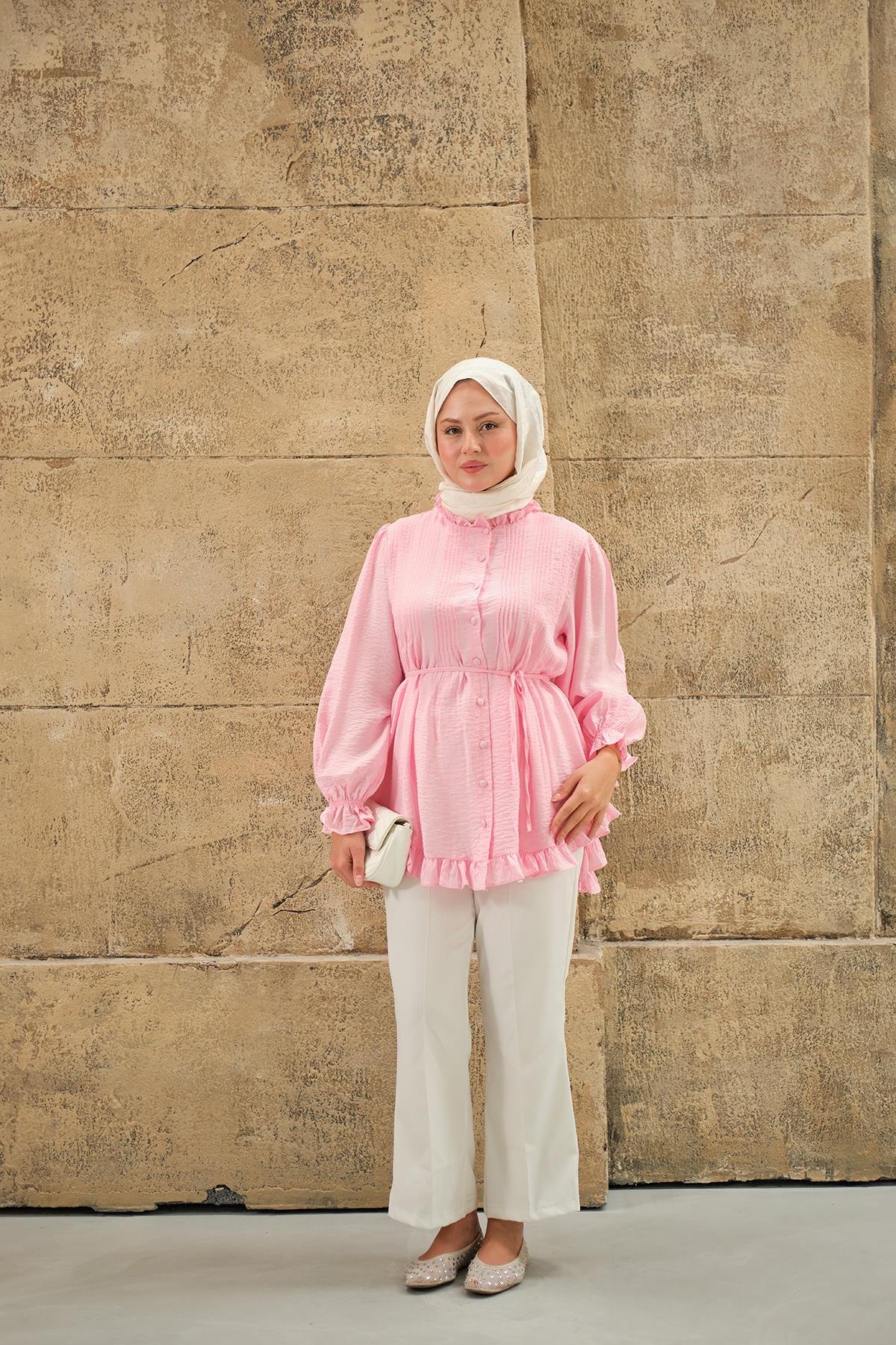 Önü Nervurlu Bel Bağlamalı Gömlek Pembe
