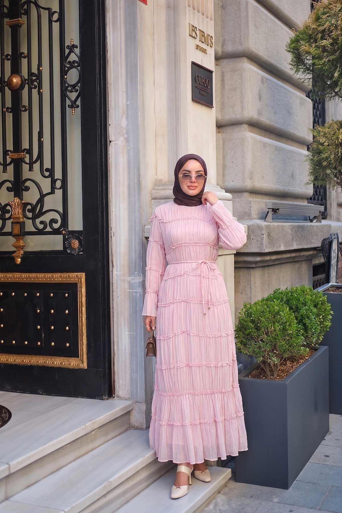Önü Pile Ve Lastik Detay Elbise Pembe