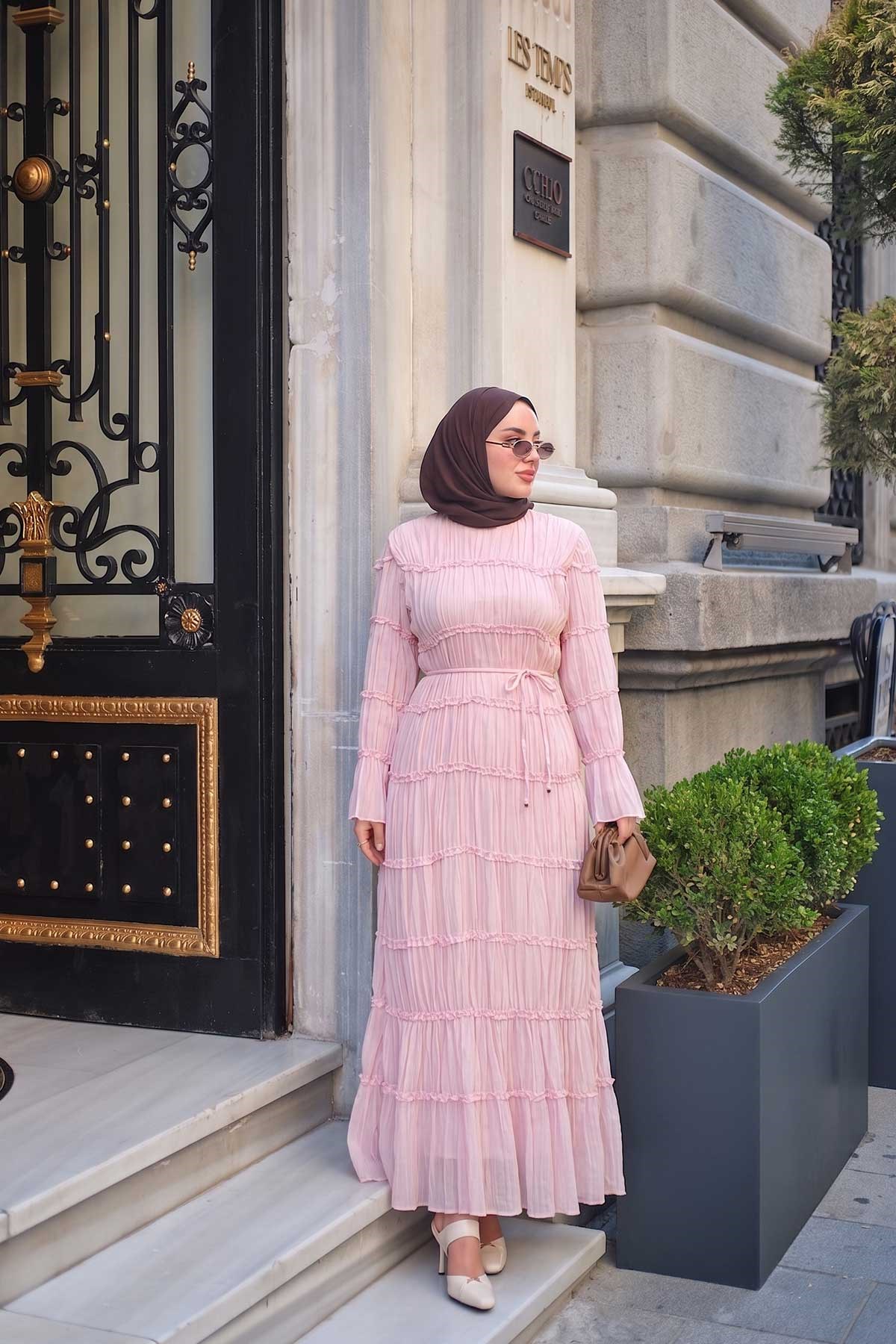 Önü Pile Ve Lastik Detay Elbise Pembe