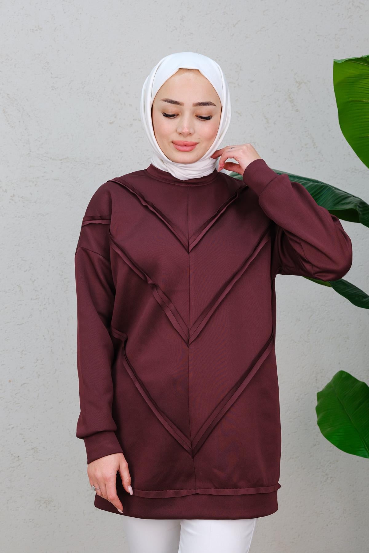 Önü V Detaylı Tunik  Bordo
