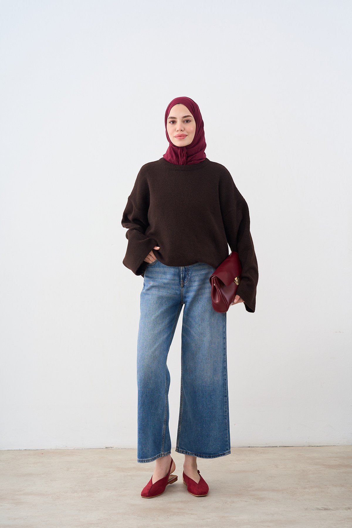 Oversize Düşük Kol Triko Kazak Acı Kahve