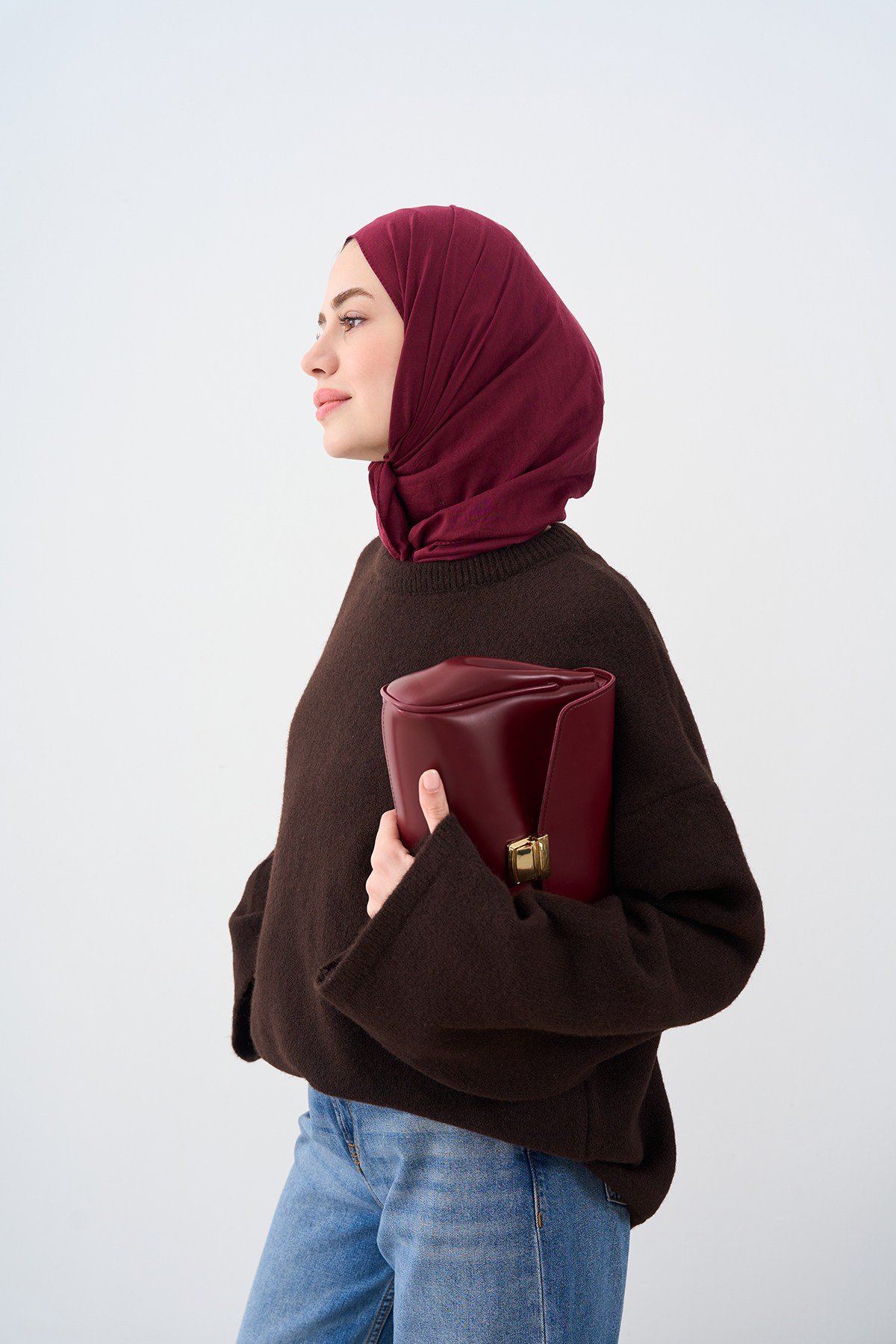 Oversize Düşük Kol Triko Kazak Acı Kahve