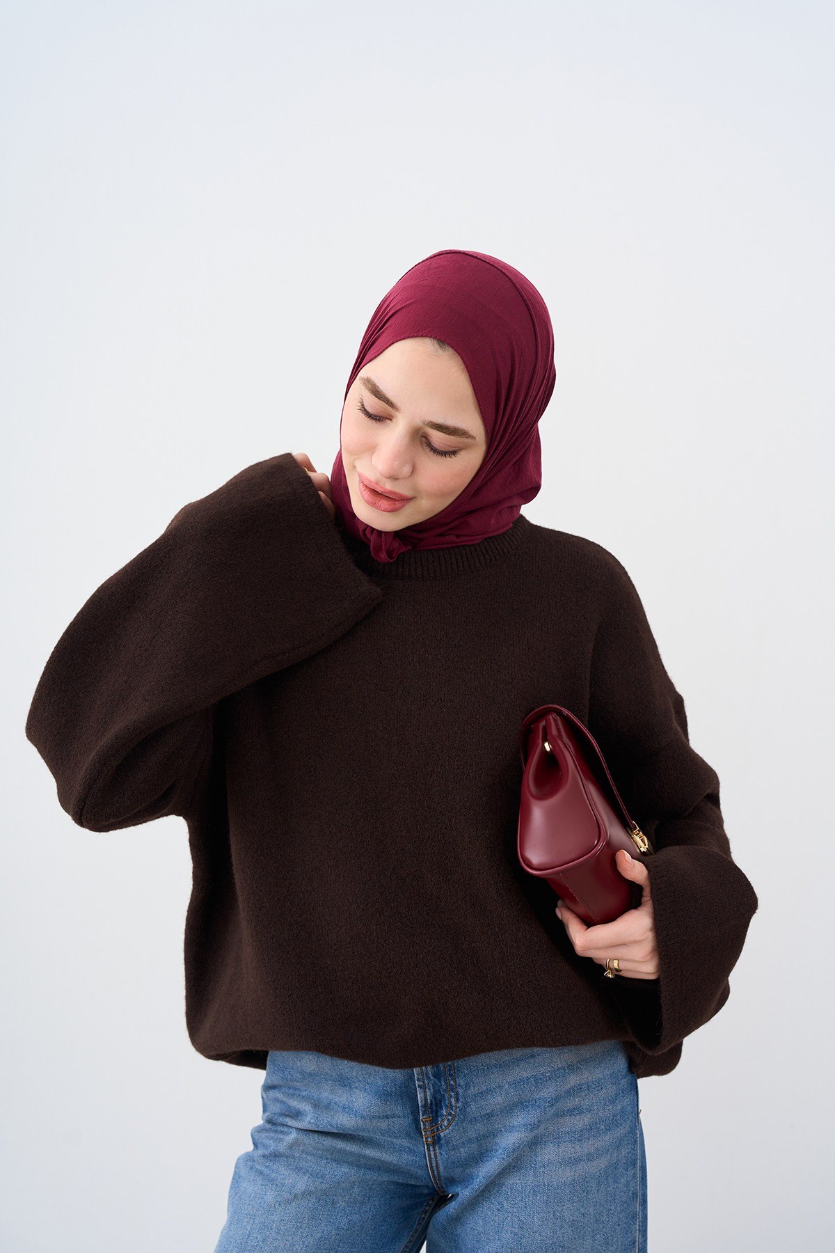 Oversize Düşük Kol Triko Kazak Acı Kahve