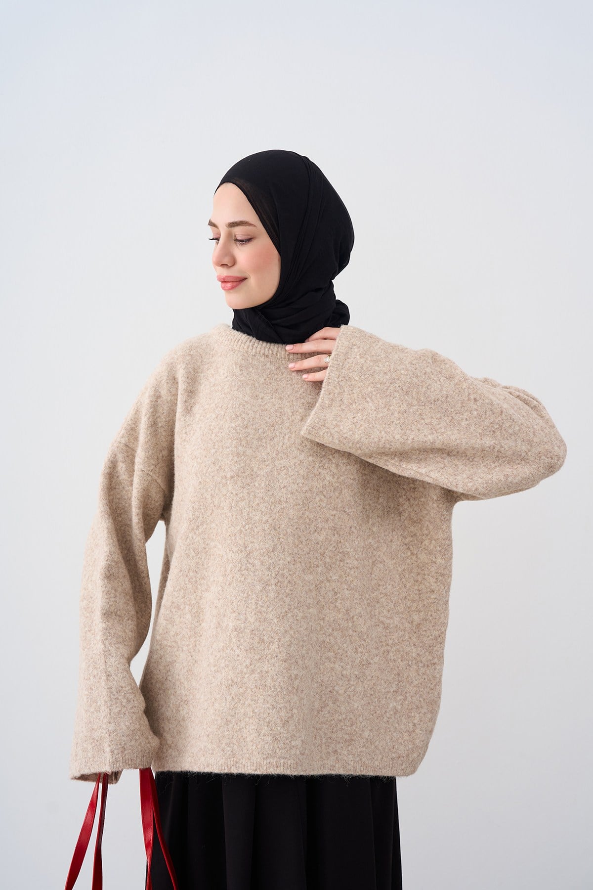 Oversize Düşük Kol Triko Kazak Bej