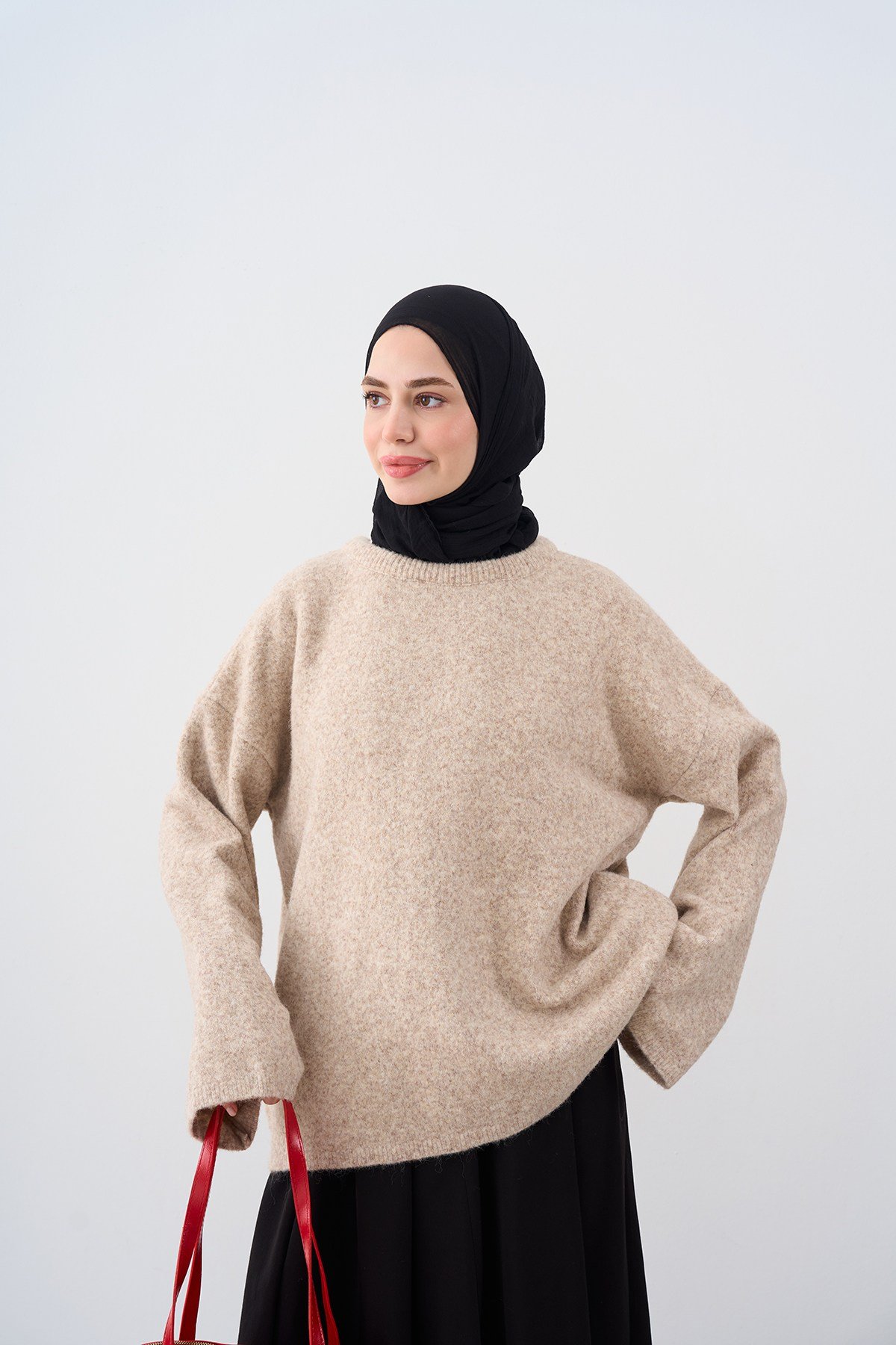 Oversize Düşük Kol Triko Kazak Bej