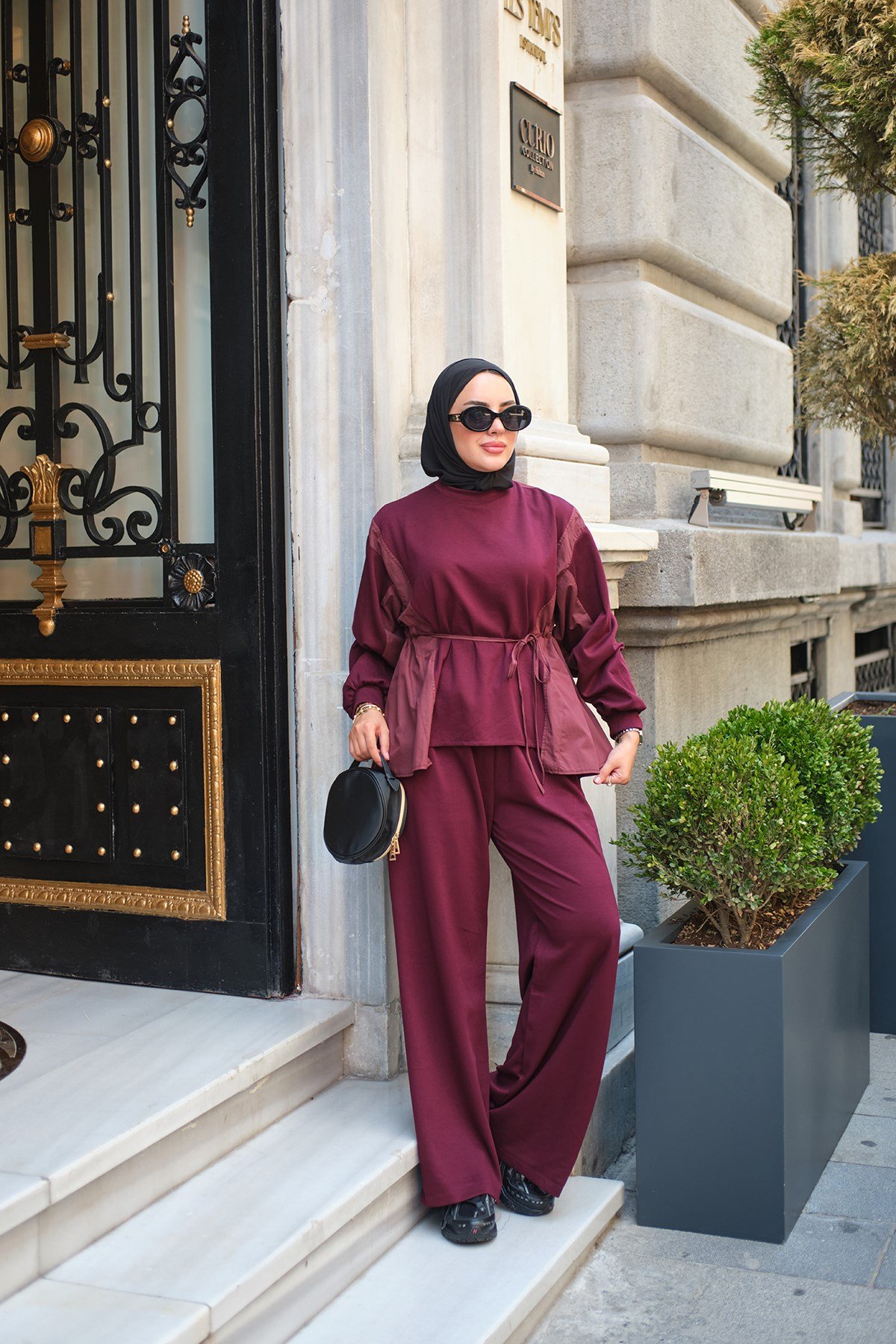Paraşüt Detay Bel Bağlamalı Takım Bordo