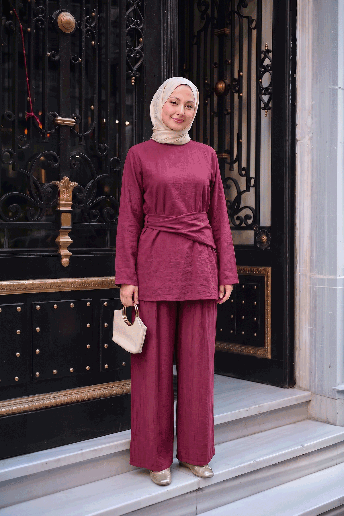 Parça Detay Kırışık Takım Bordo