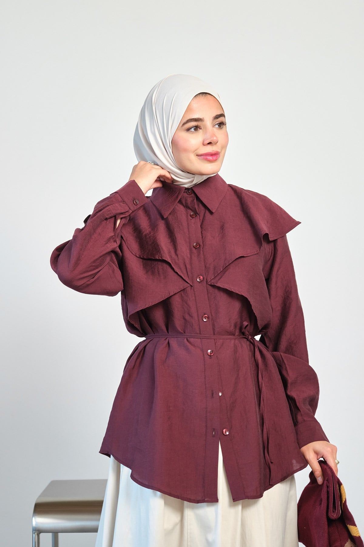 Parça Detaylı Bel Bağlamalı Gömlek Bordo