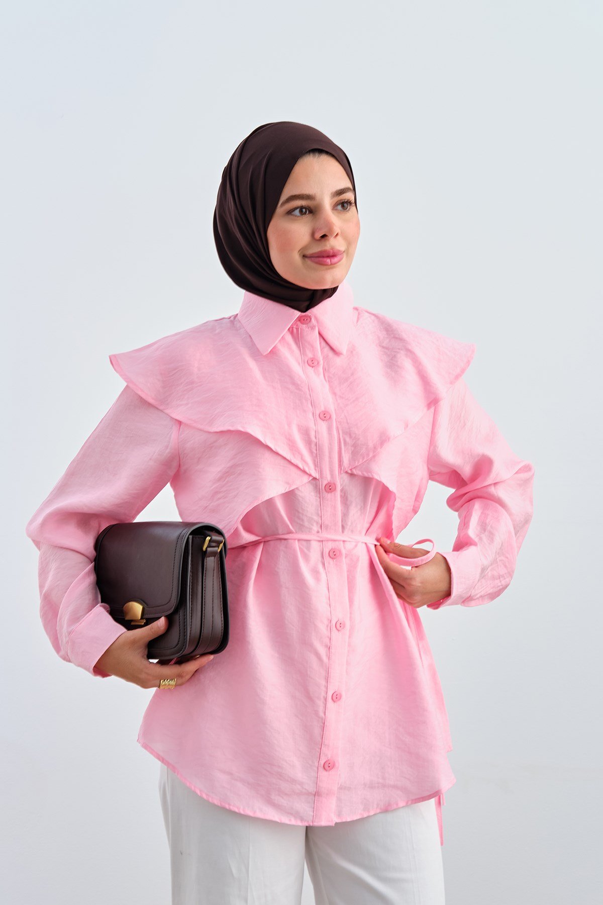 Parça Detaylı Bel Bağlamalı Gömlek Pembe