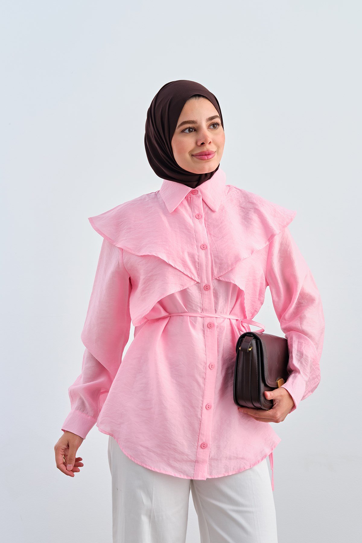 Parça Detaylı Bel Bağlamalı Gömlek Pembe