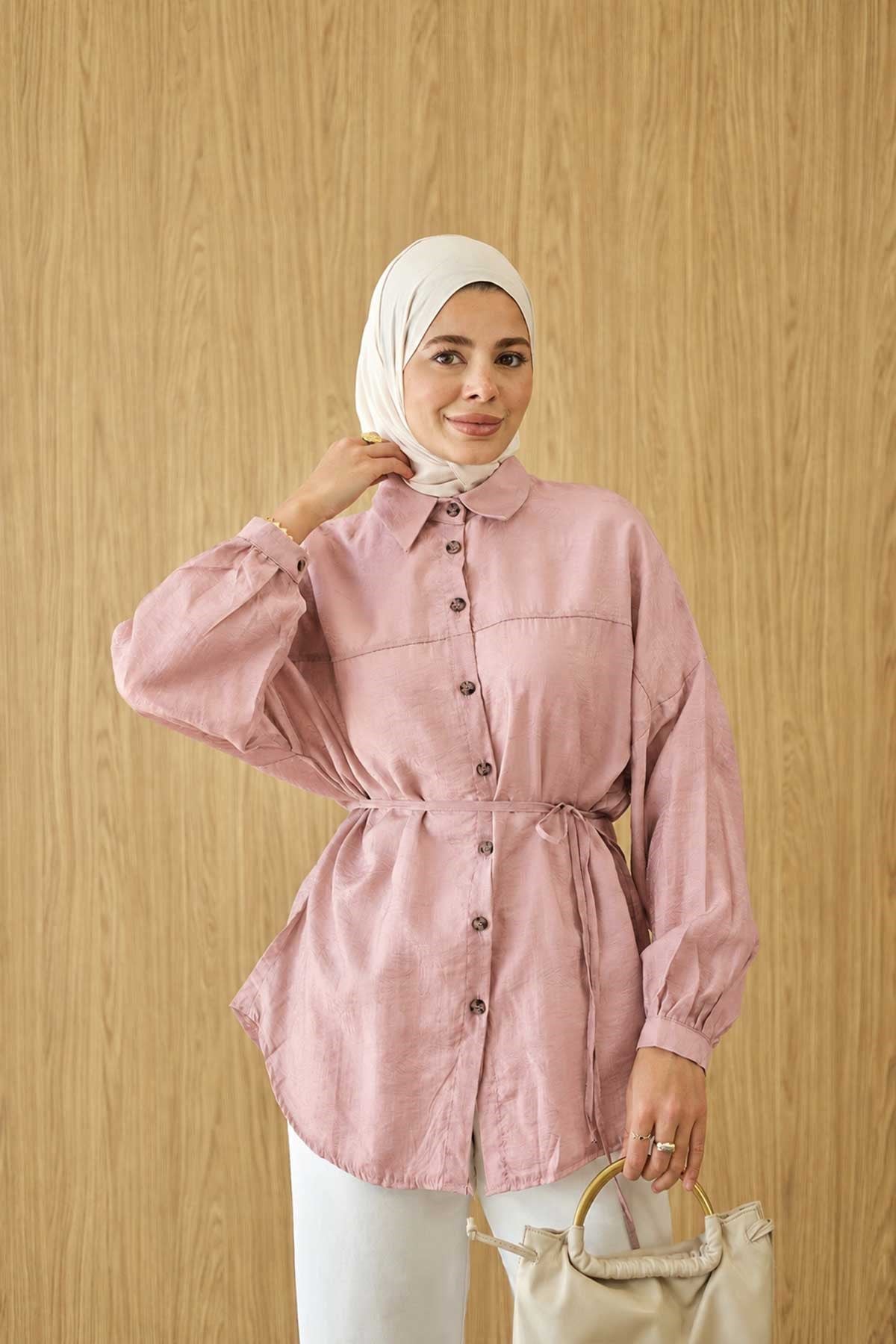 Parlak Simli Bel Bağlamalı Gömlek Pembe