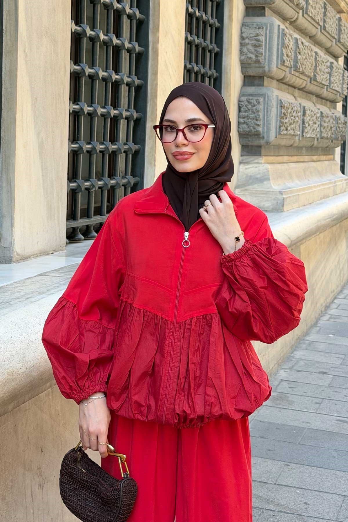 Pile Detay Dikiş İzli Paraşüt Takım Kırmızı