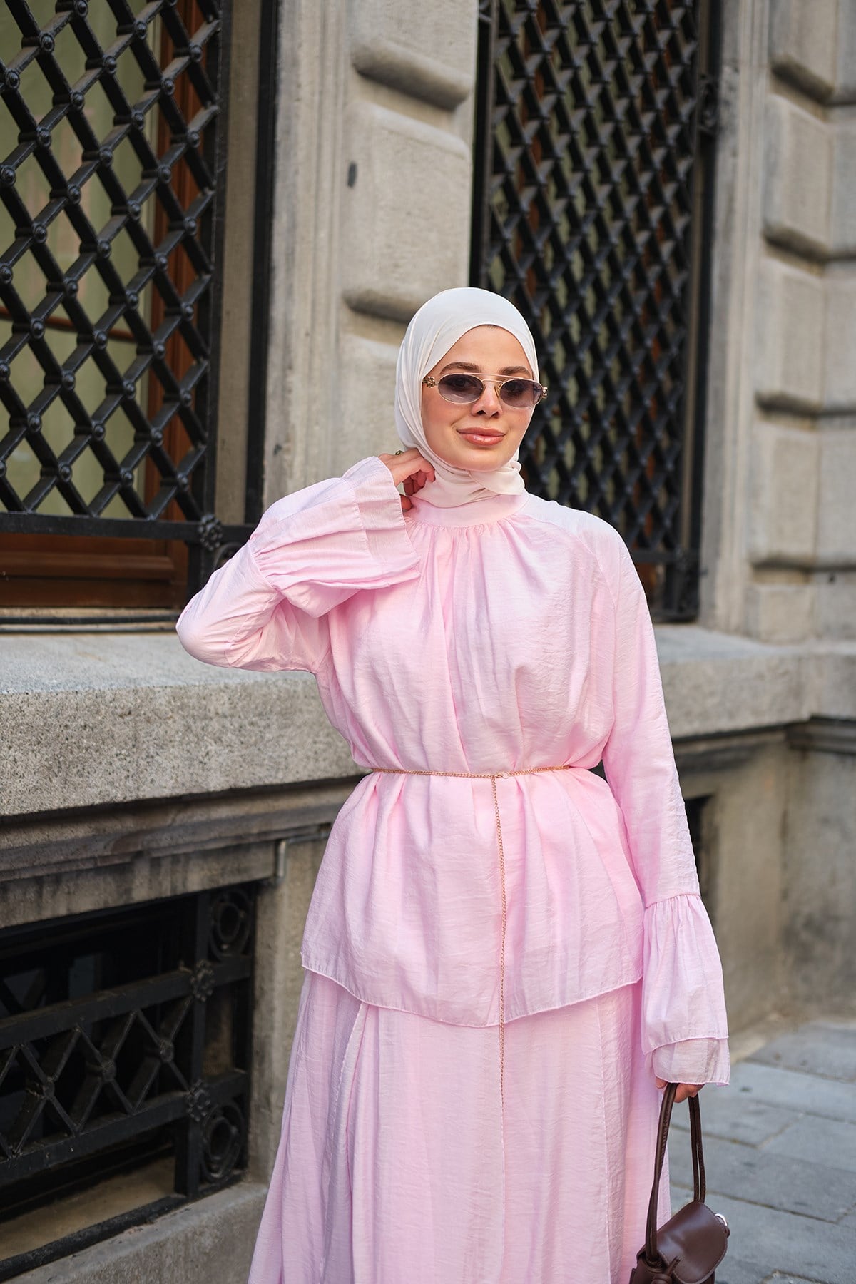 Pile Detay İç Astarlı Tül Takım Pembe