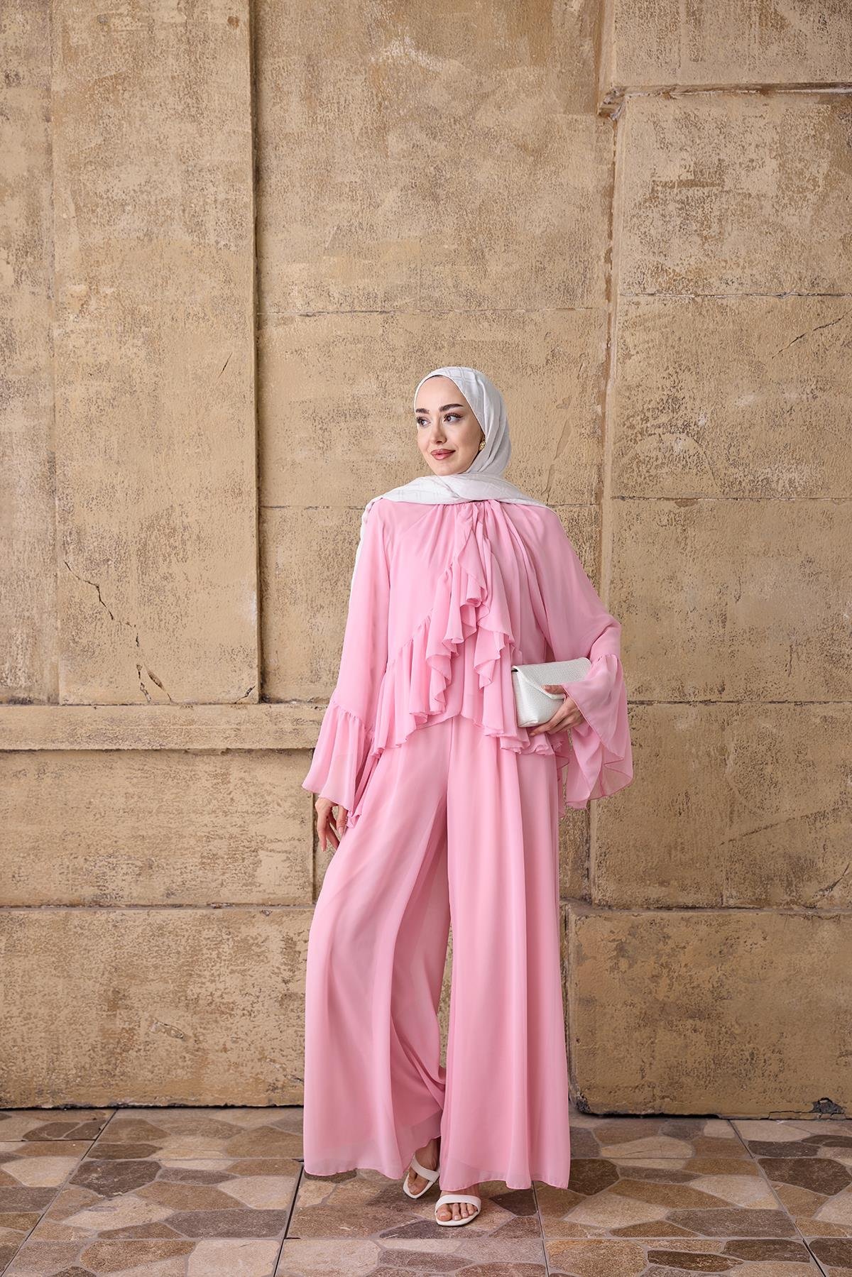 Pile Detay Pantolonlu Şifon Takım Pembe
