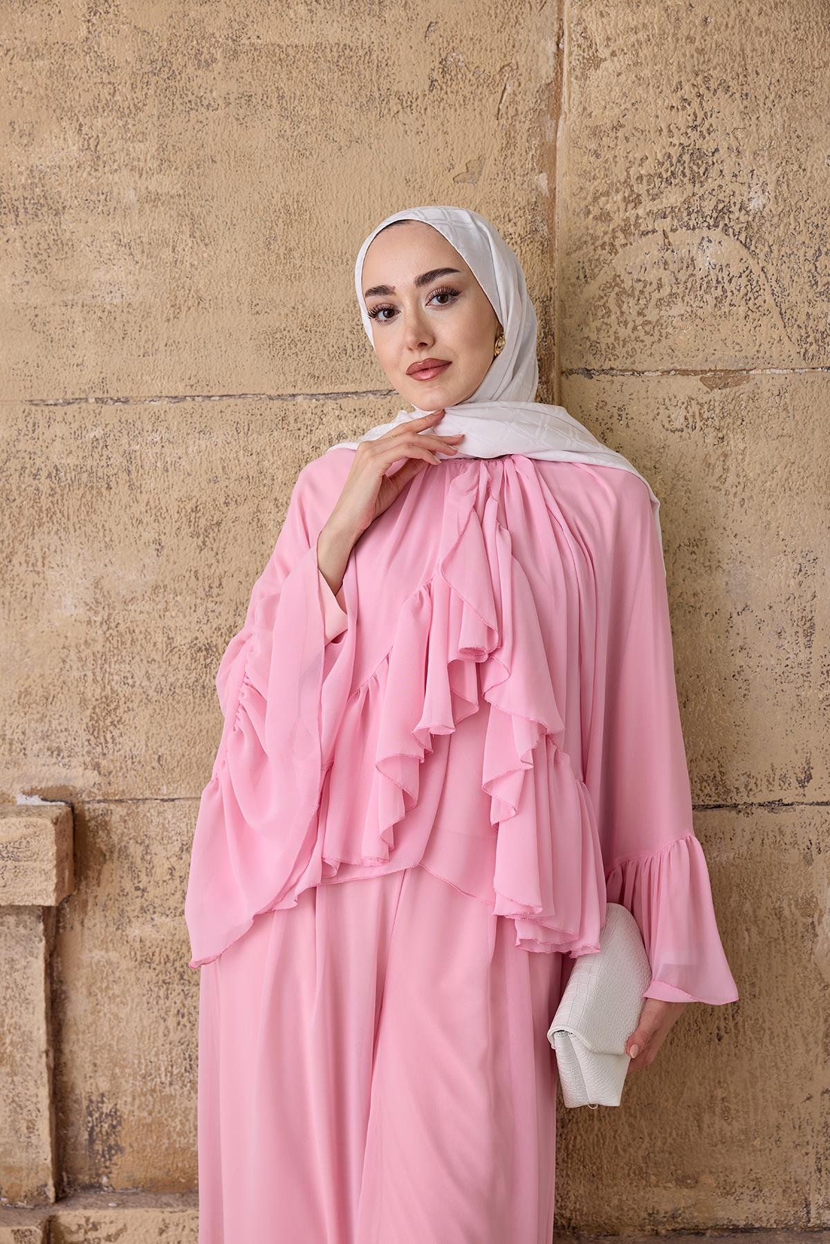 Pile Detay Pantolonlu Şifon Takım Pembe