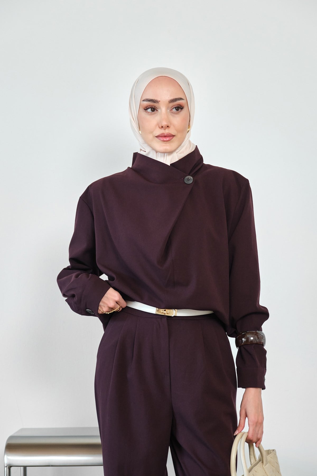 Pile Yaka Detay Bel Büzgülü Pantolonlu Ceket Mürdüm