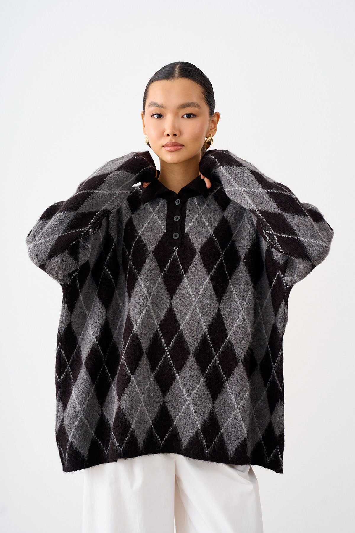 Polo Yaka Baklava Desen Oversize Triko Kazak Siyah