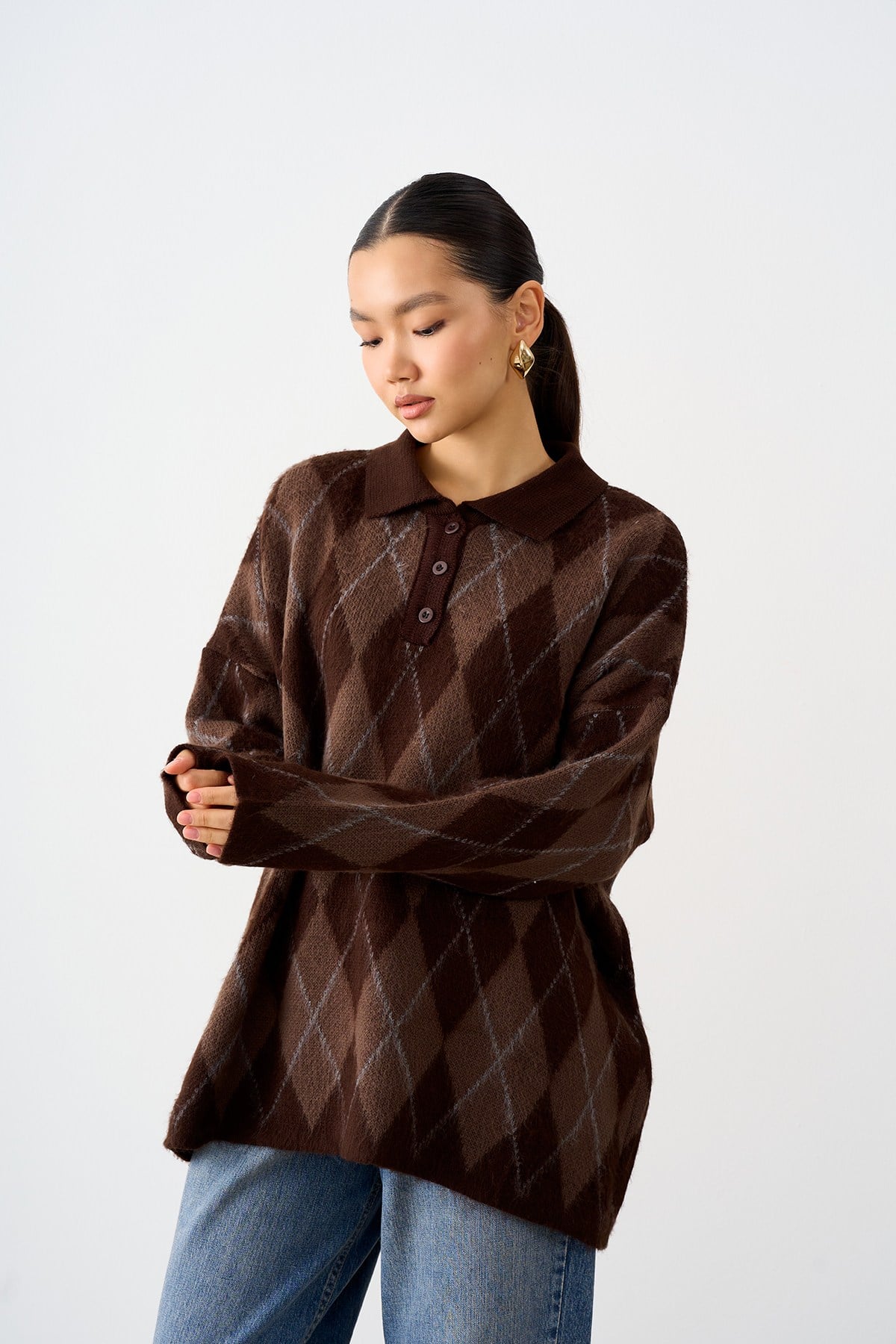 Polo Yaka Baklava Desen Oversize Triko Kazak Kahverengi