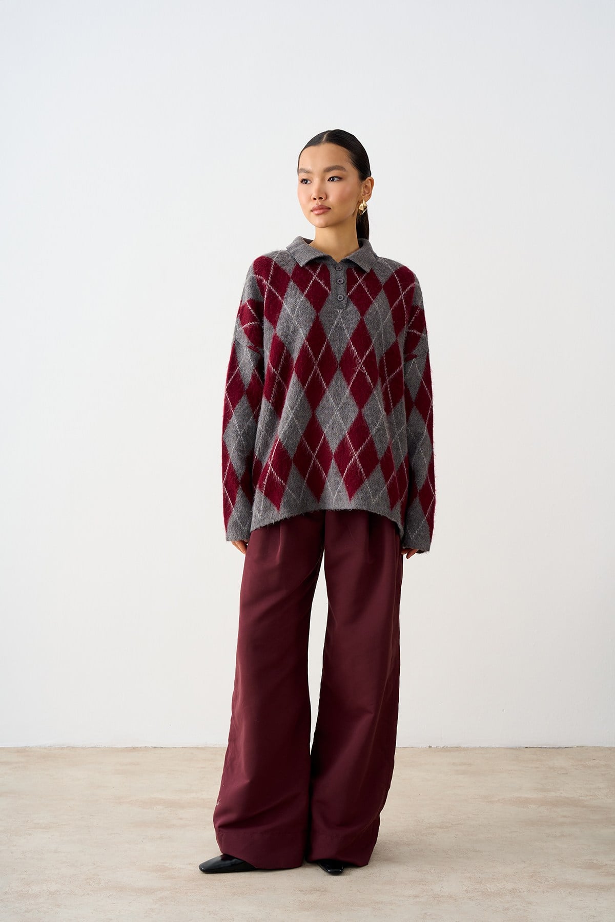 Polo Yaka Baklava Desen Oversize Triko Kazak Gri