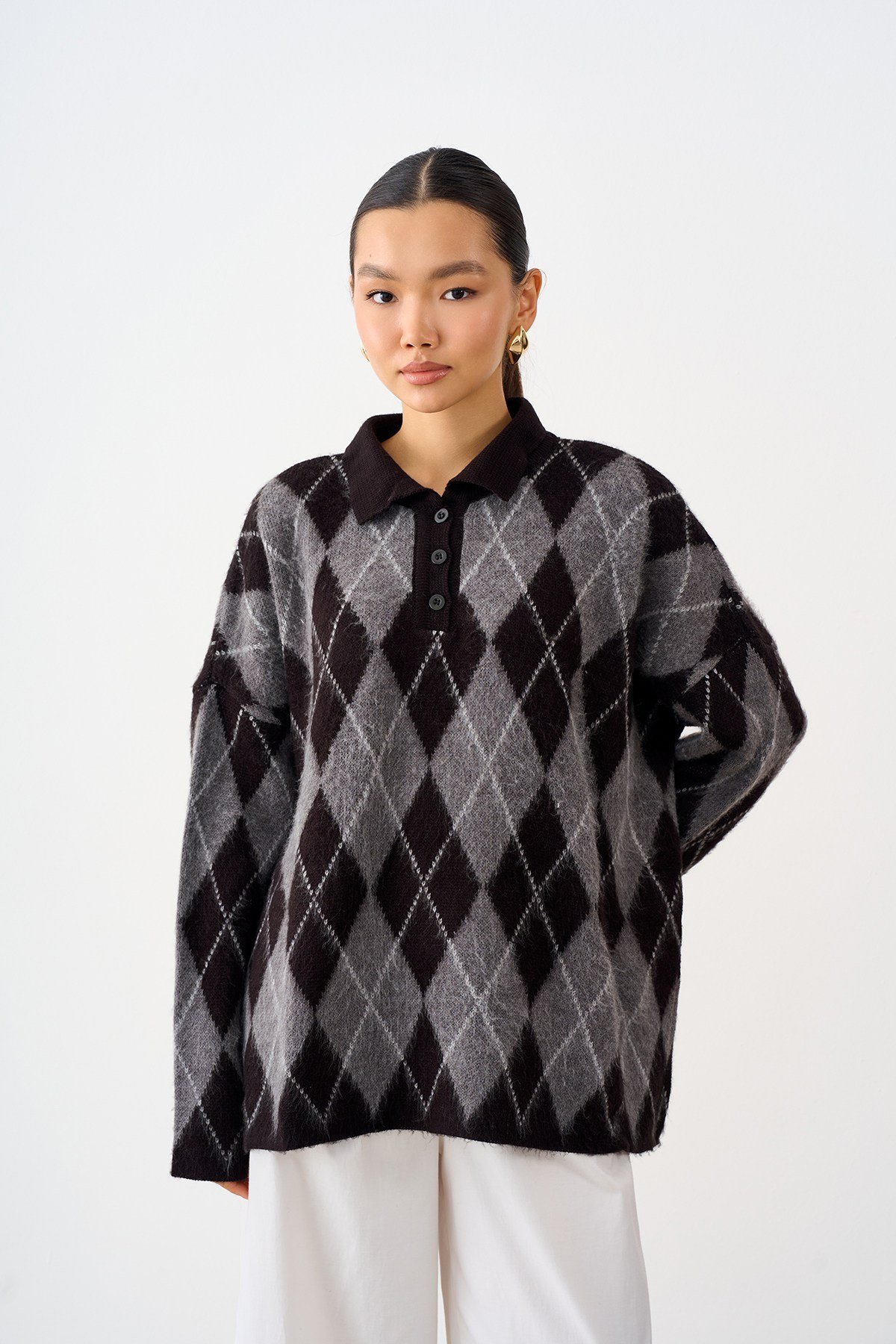 Polo Yaka Baklava Desen Oversize Triko Kazak Siyah