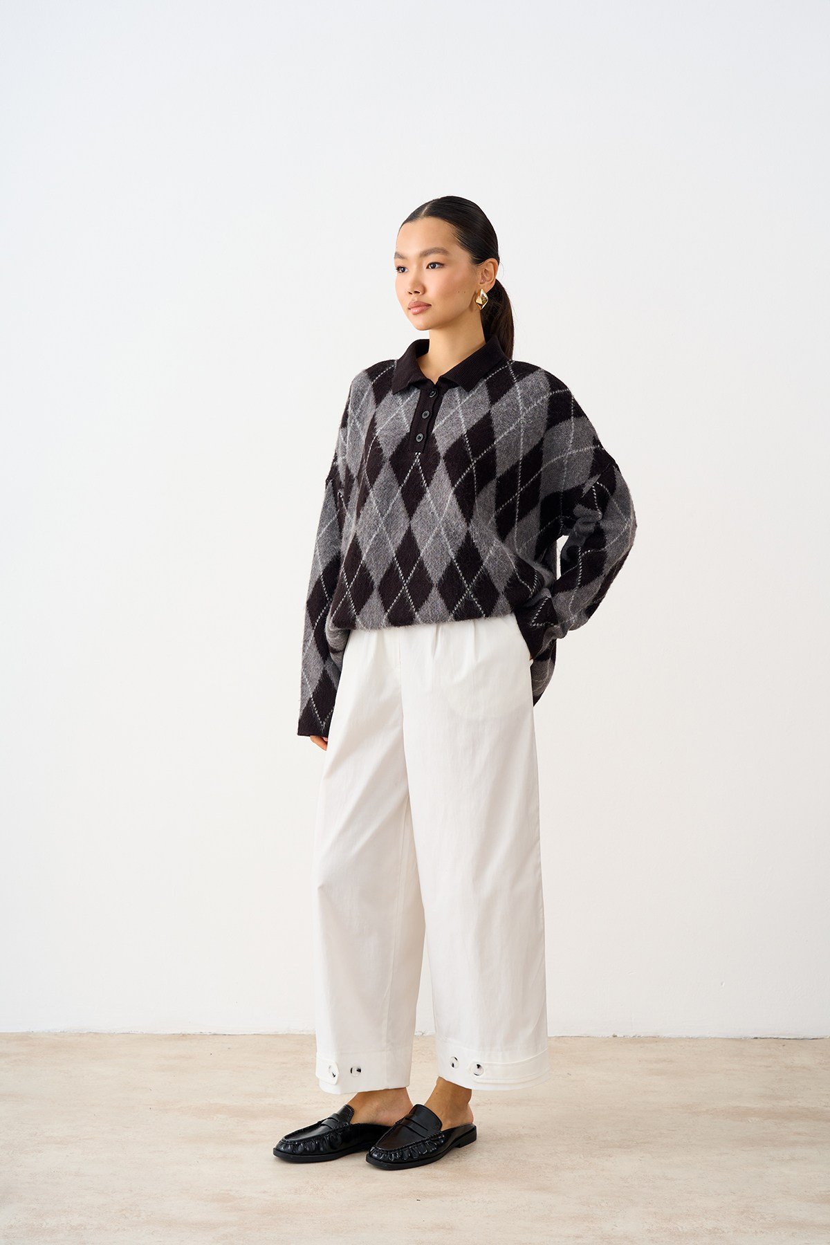 Polo Yaka Baklava Desen Oversize Triko Kazak Siyah