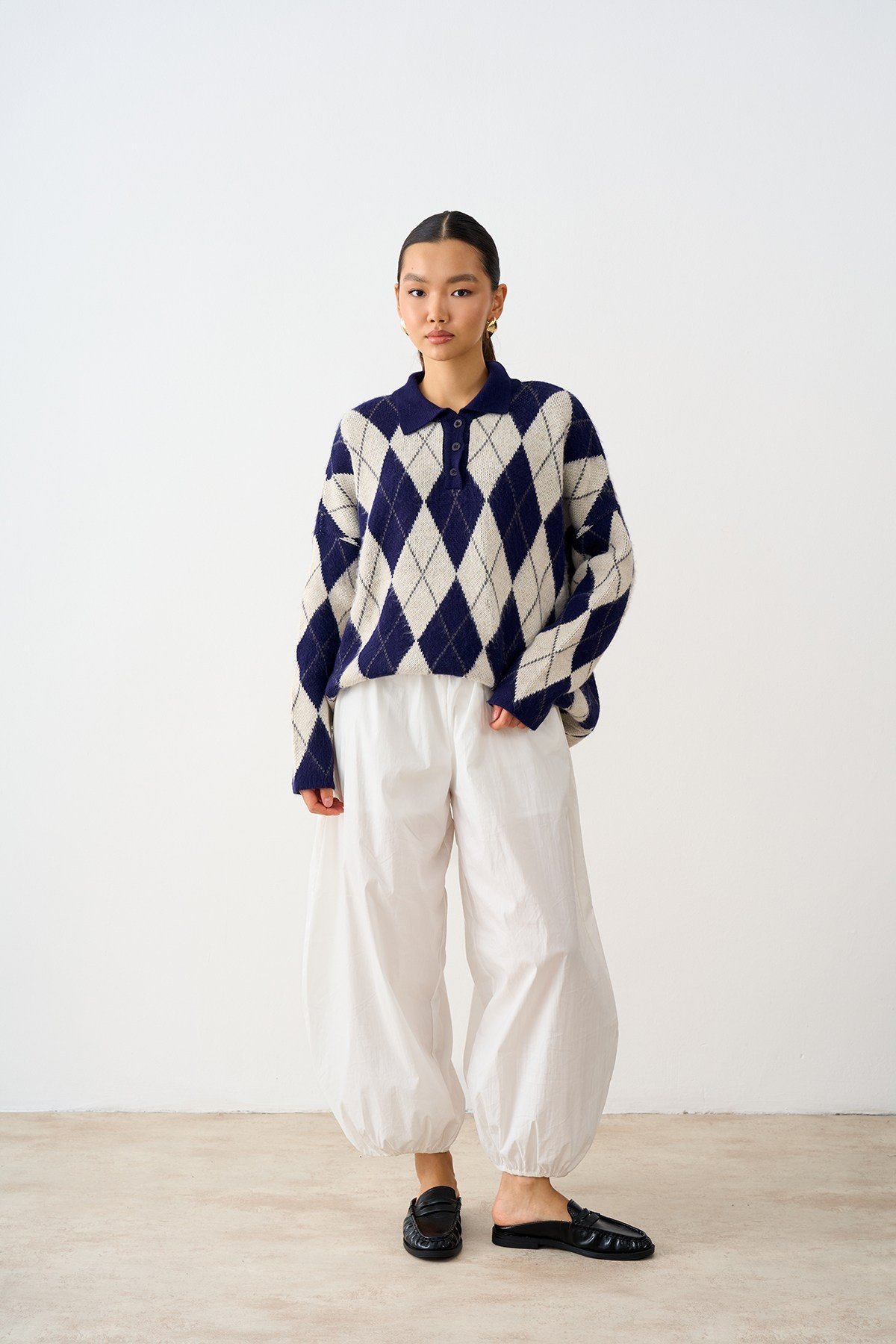 Polo Yaka Baklava Desen Oversize Triko Kazak Lacivert