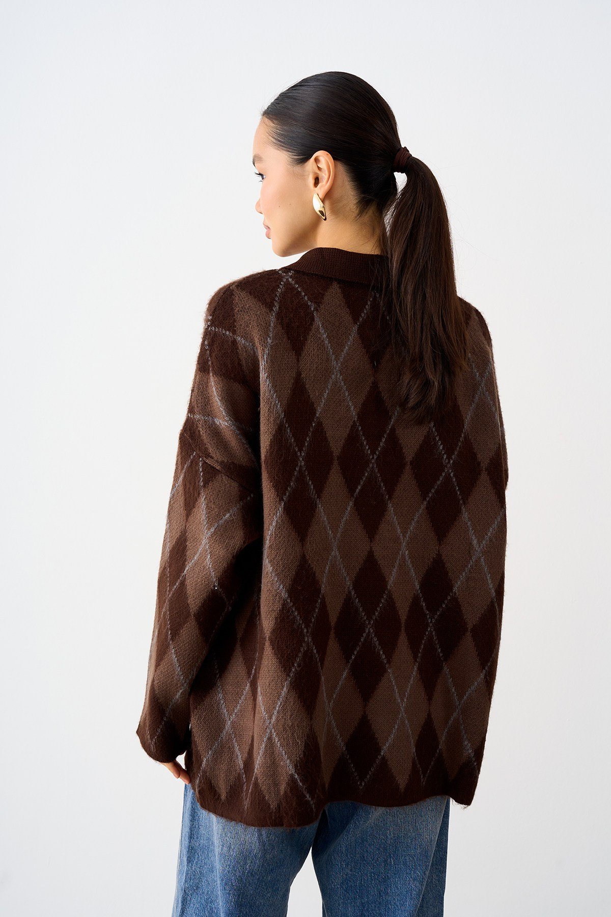 Polo Yaka Baklava Desen Oversize Triko Kazak Kahverengi