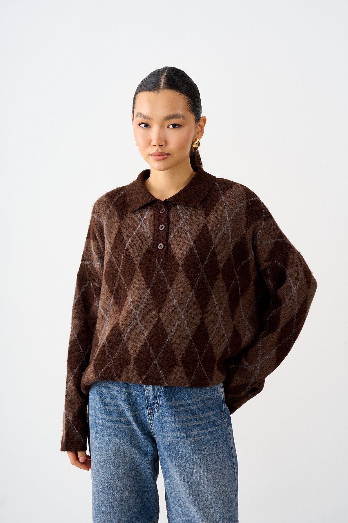 Polo Yaka Baklava Desen Oversize Triko Kazak Kahverengi
