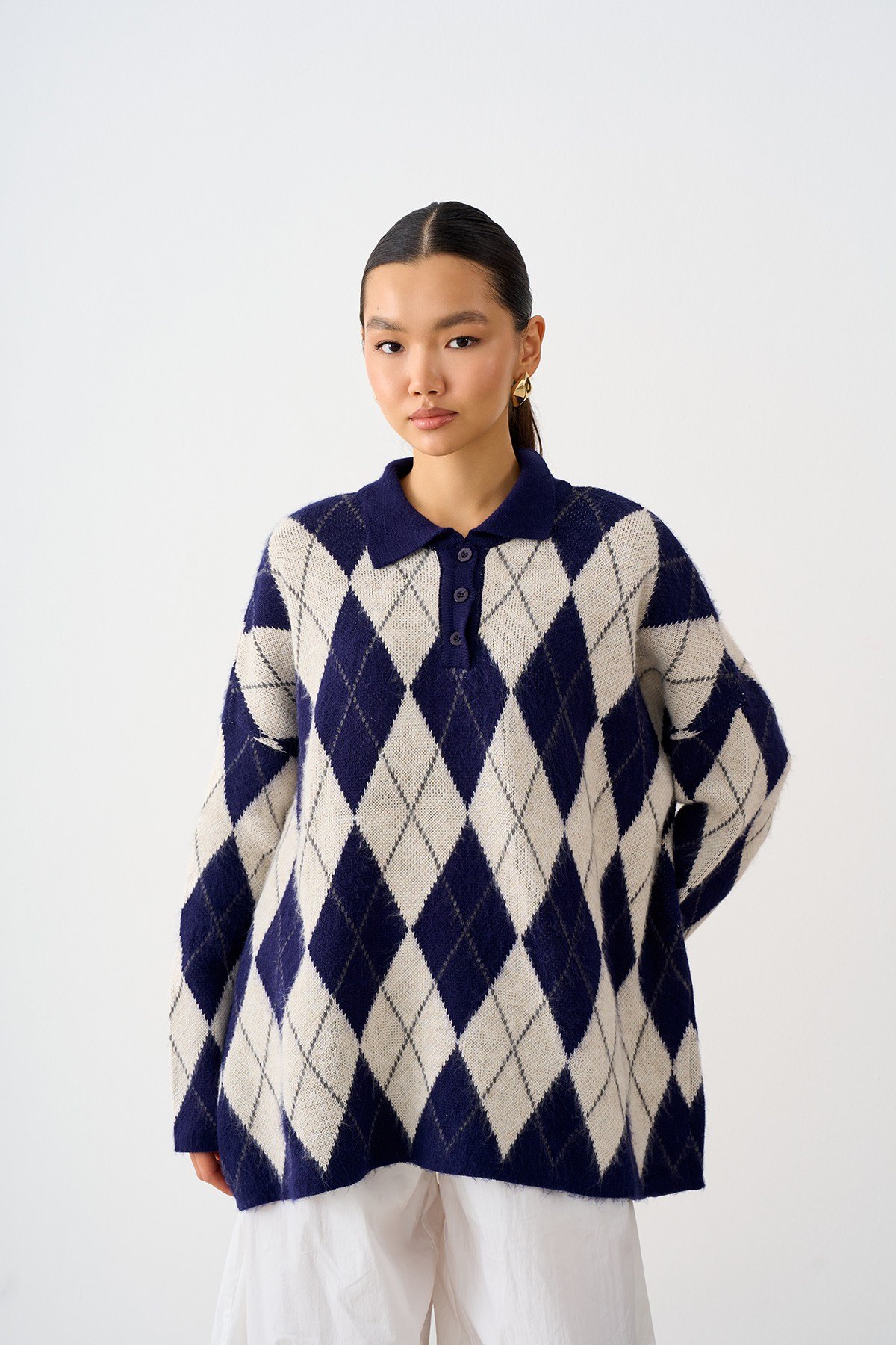 Polo Yaka Baklava Desen Oversize Triko Kazak Lacivert
