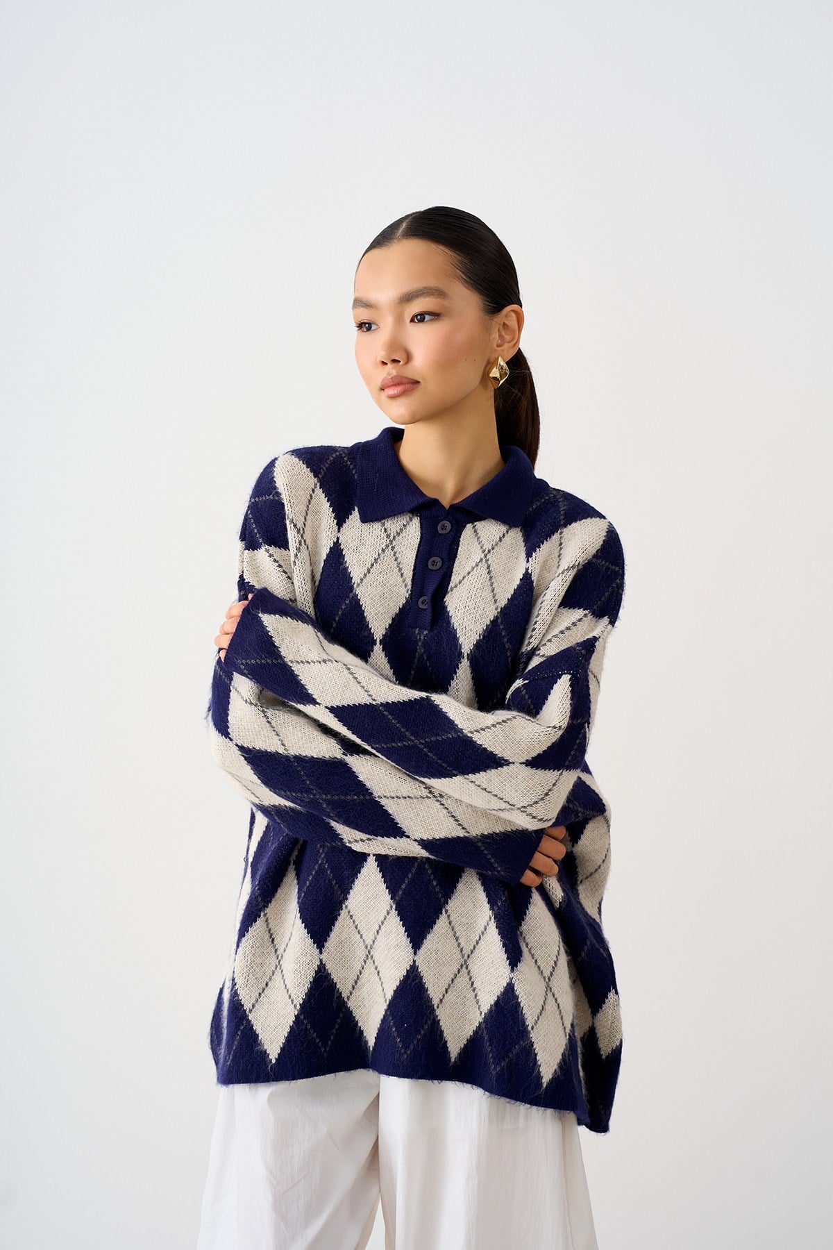 Polo Yaka Baklava Desen Oversize Triko Kazak Lacivert