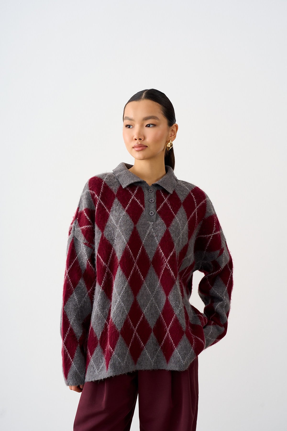 Polo Yaka Baklava Desen Oversize Triko Kazak Gri