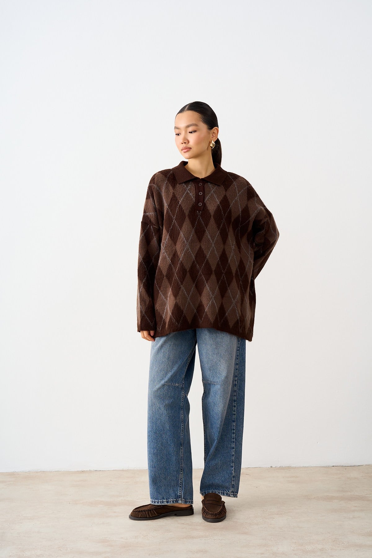 Polo Yaka Baklava Desen Oversize Triko Kazak Kahverengi