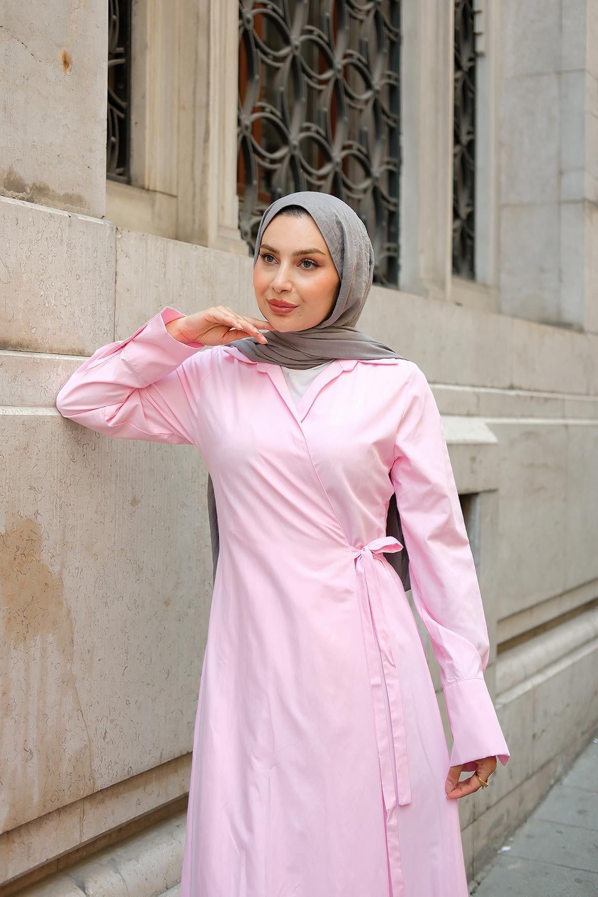Poplin Yan Bağlamalı Elbise Pembe