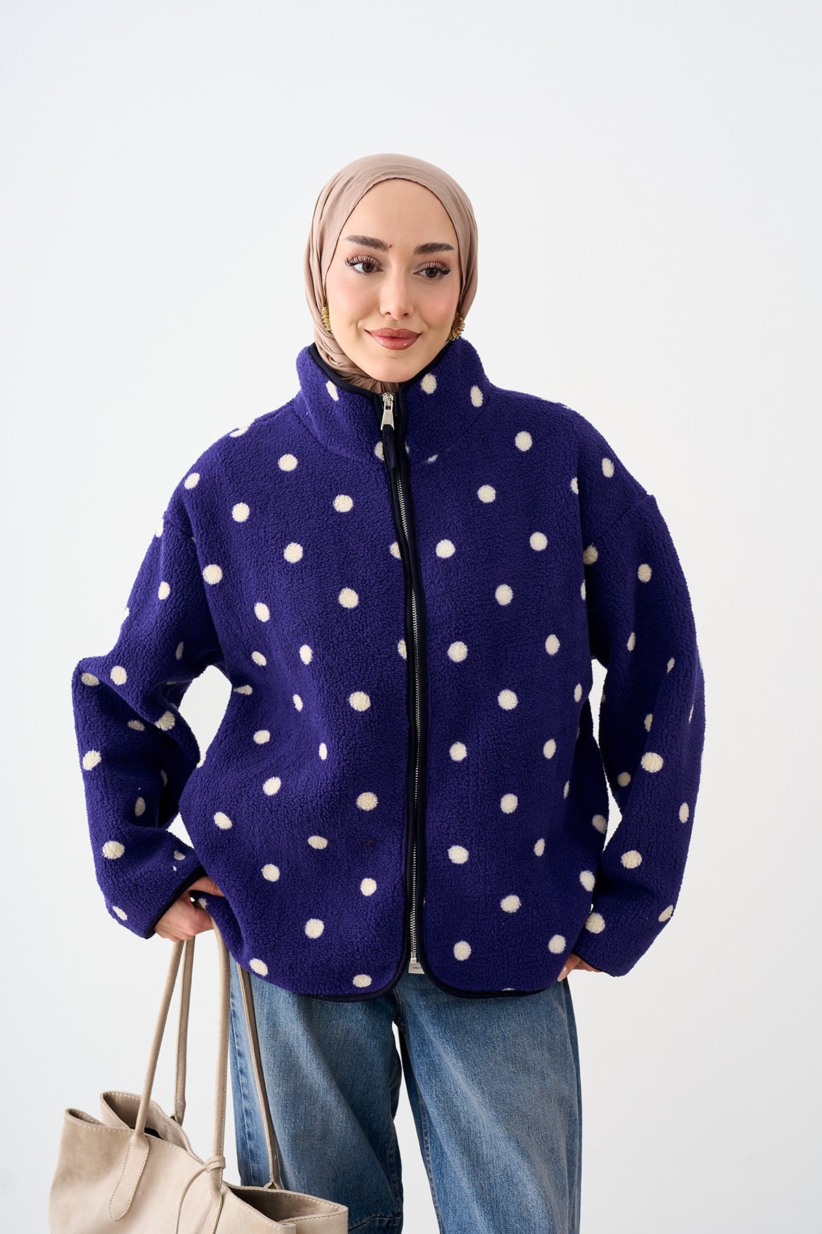 Puantiye Desen Fermuarlı Polar Ceket Lacivert