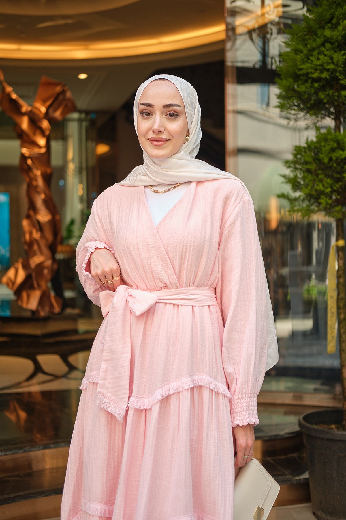 Püskül Detay V Yaka Bel Bağlamalı Elbise Pembe