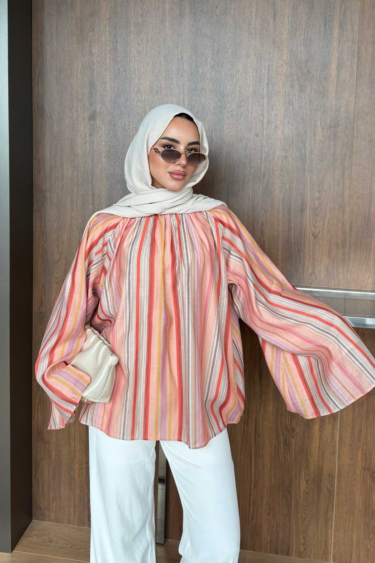 Rengarenk Çizgi Desen İç Astarlı Tül Bluz Turuncu