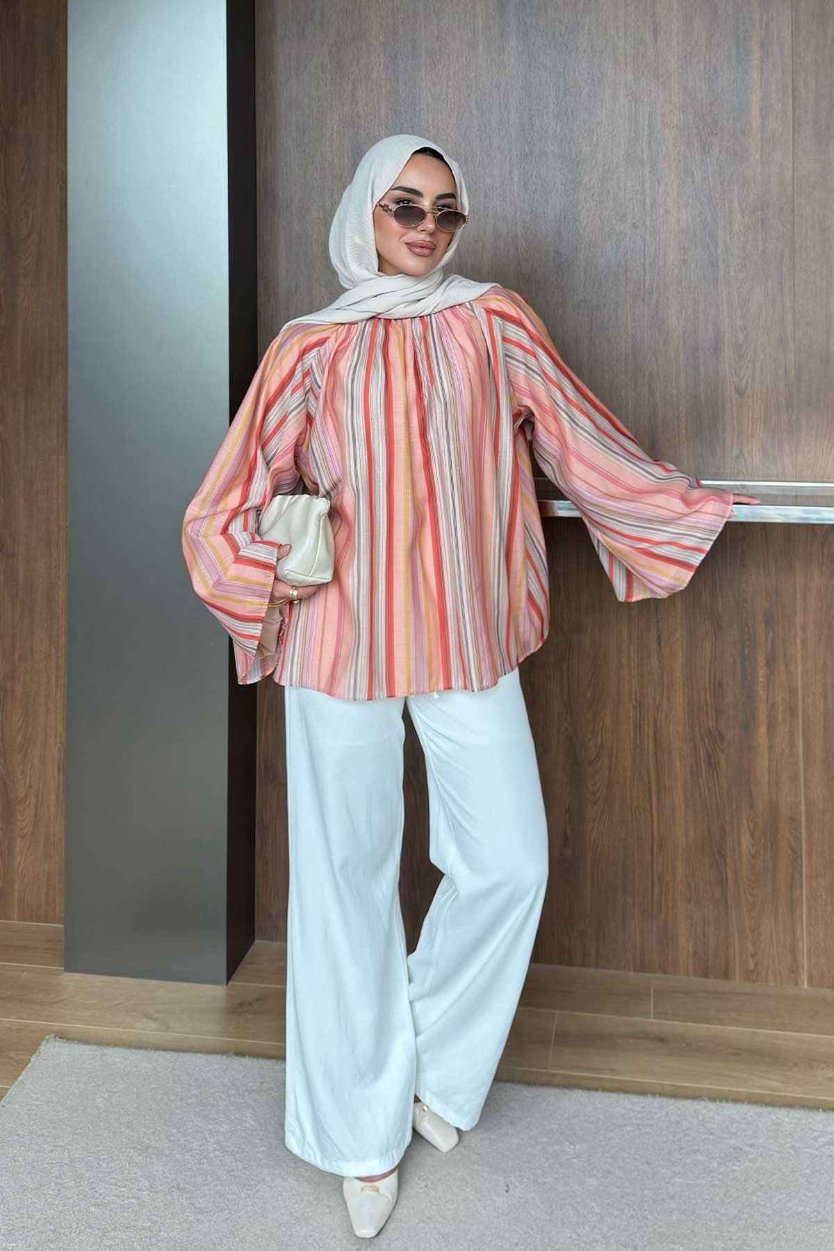 Rengarenk Çizgi Desen İç Astarlı Tül Bluz Turuncu
