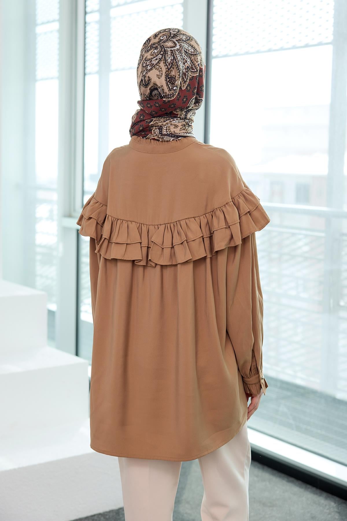 Robası Fırfırlı Cupra Tencel Gömlek Kahverengi