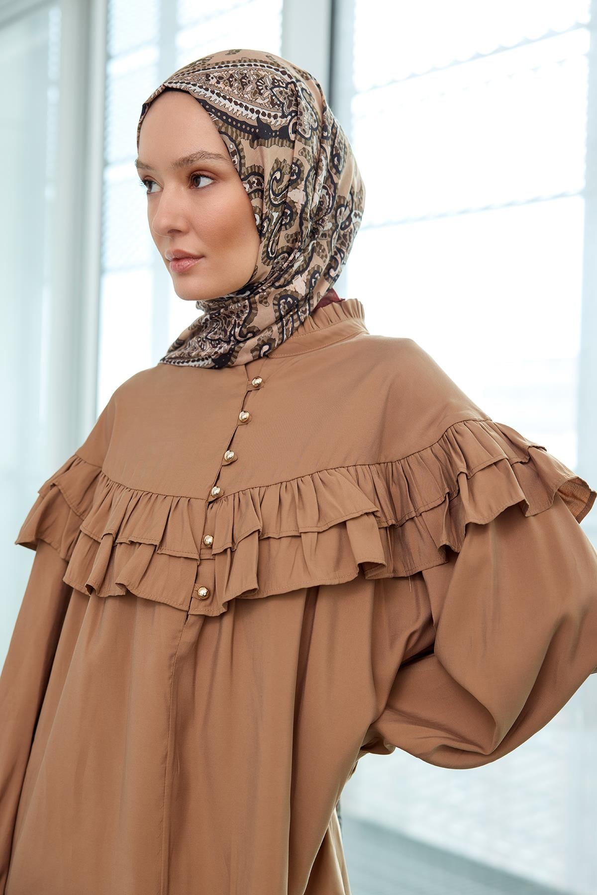 Robası Fırfırlı Cupra Tencel Gömlek Kahverengi