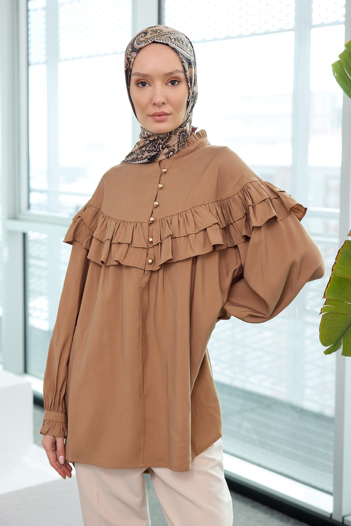 Robası Fırfırlı Cupra Tencel Gömlek Kahverengi