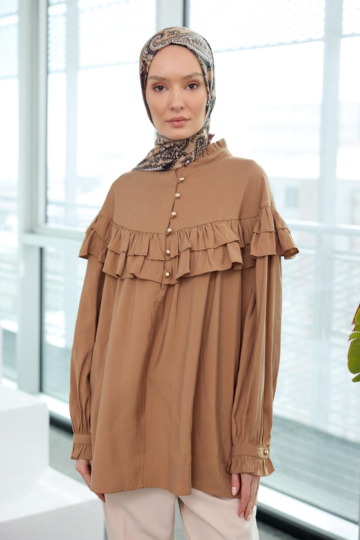 Robası Fırfırlı Cupra Tencel Gömlek Kahverengi