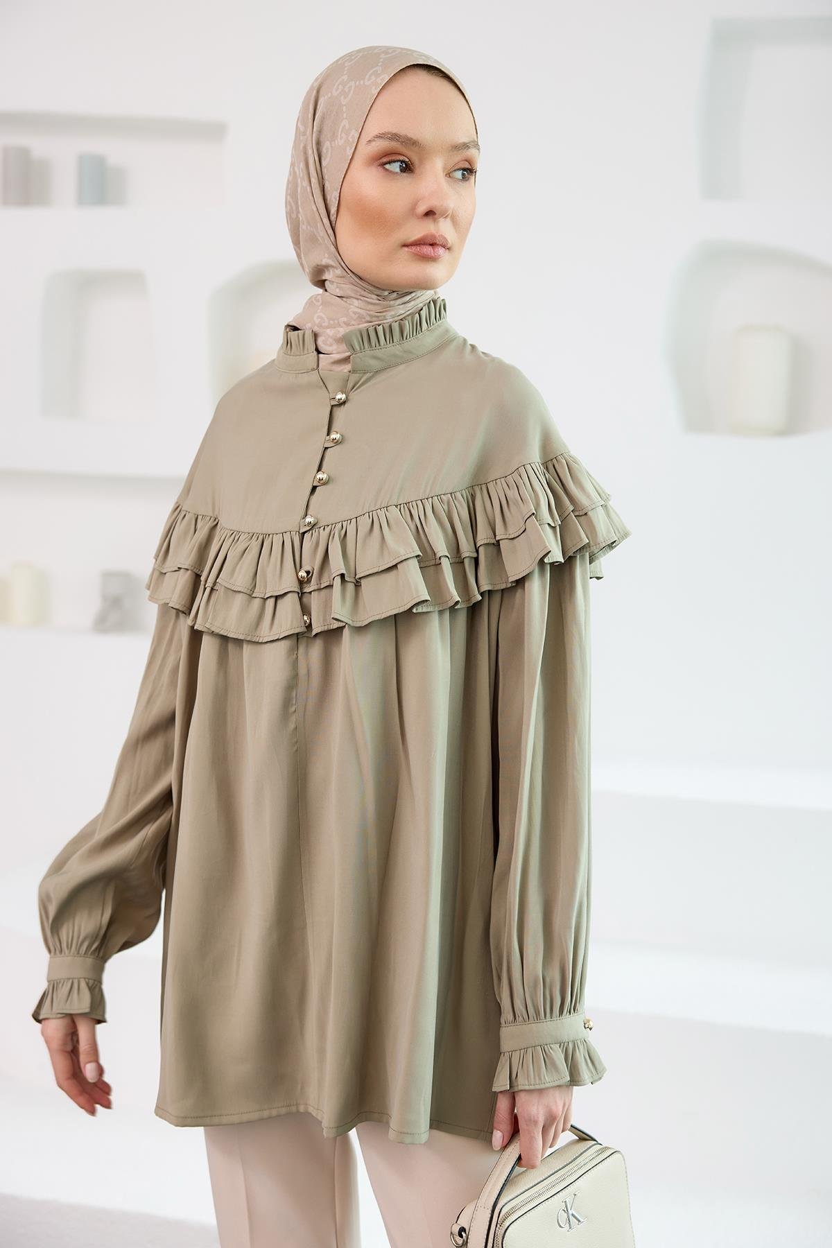 Robası Fırfırlı Cupra Tencel Gömlek Küf Yeşil