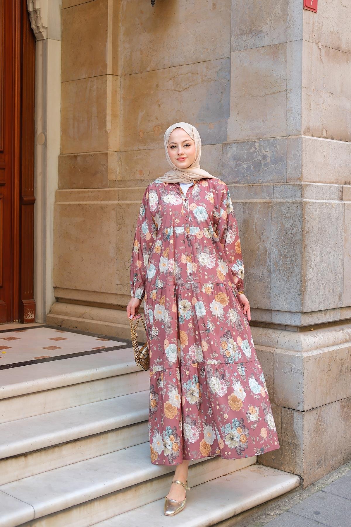 Rose Desenli Elbise Kahverengi
