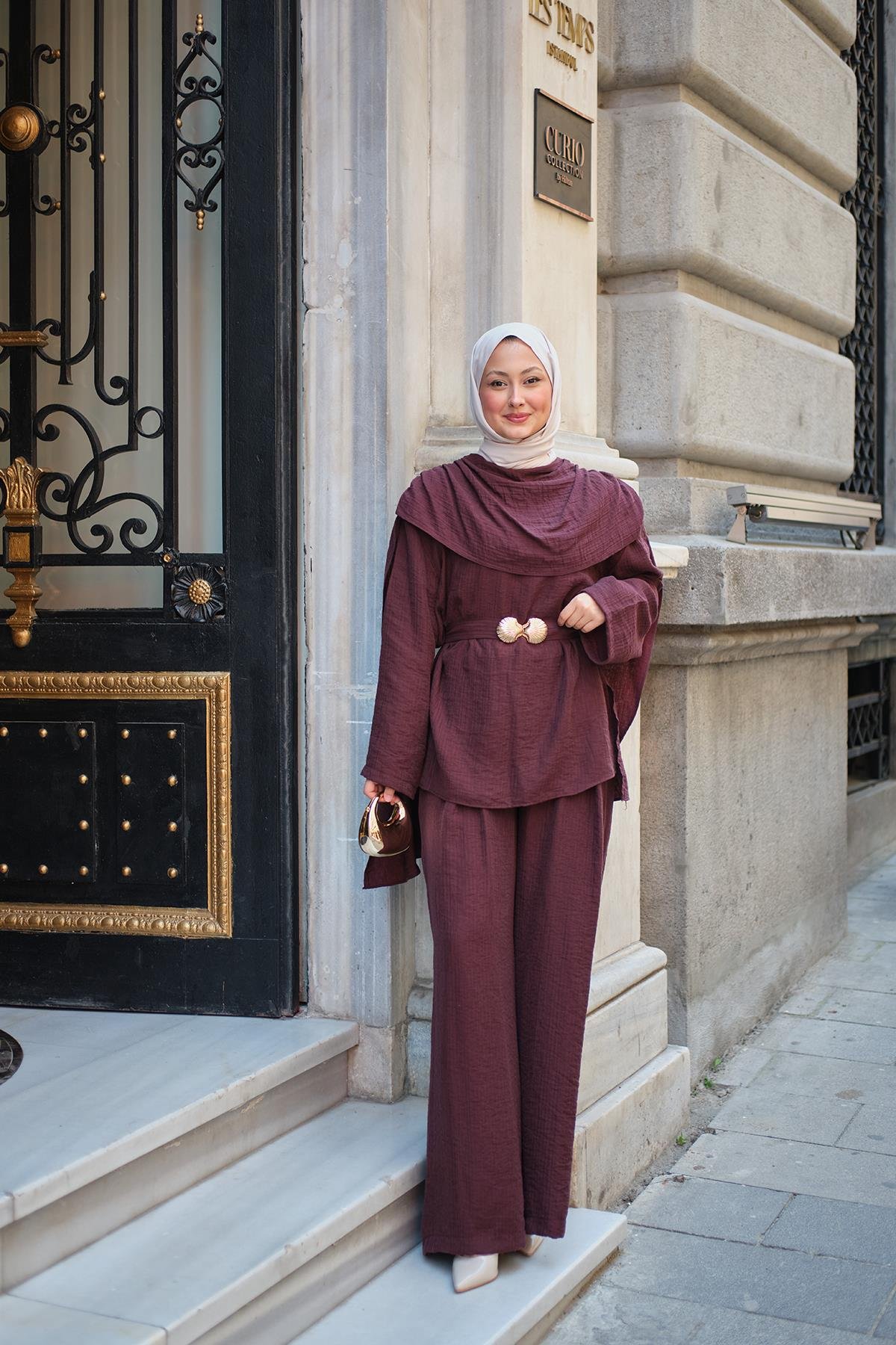 Şal Detay Bel Bağlamalı Takım Mürdüm