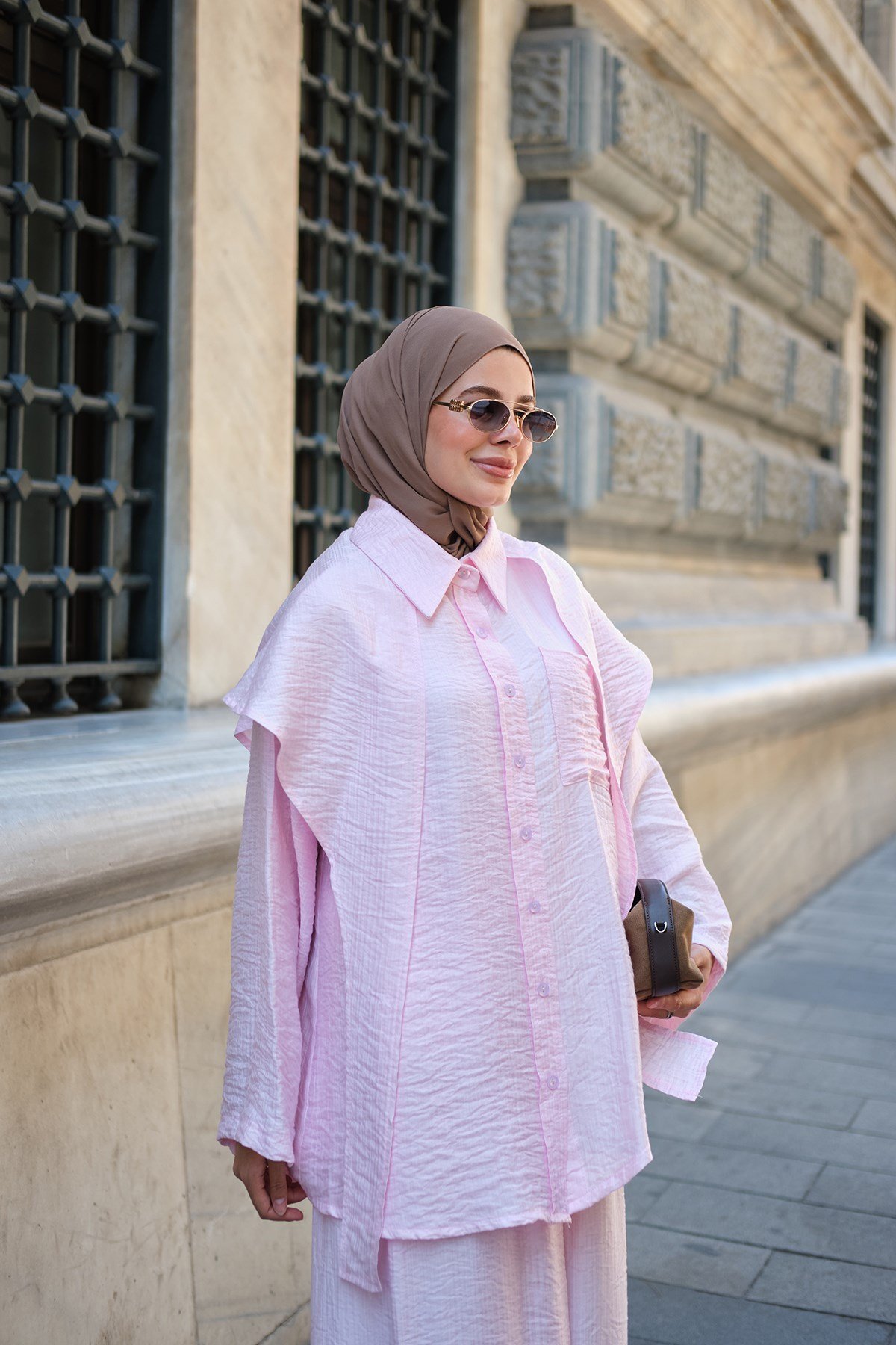 Şal Detay Gömlekli Takım Pembe