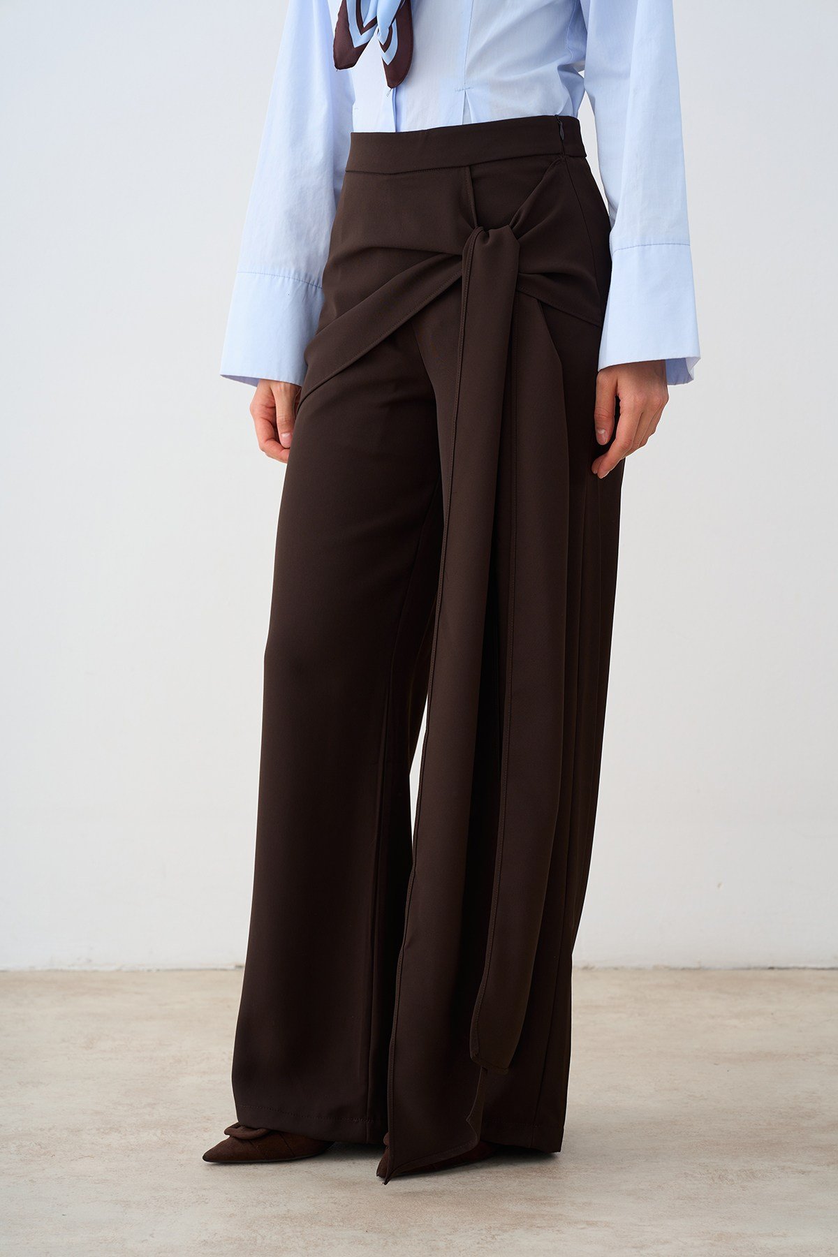 Şal Detaylı Pantolon Kahverengi