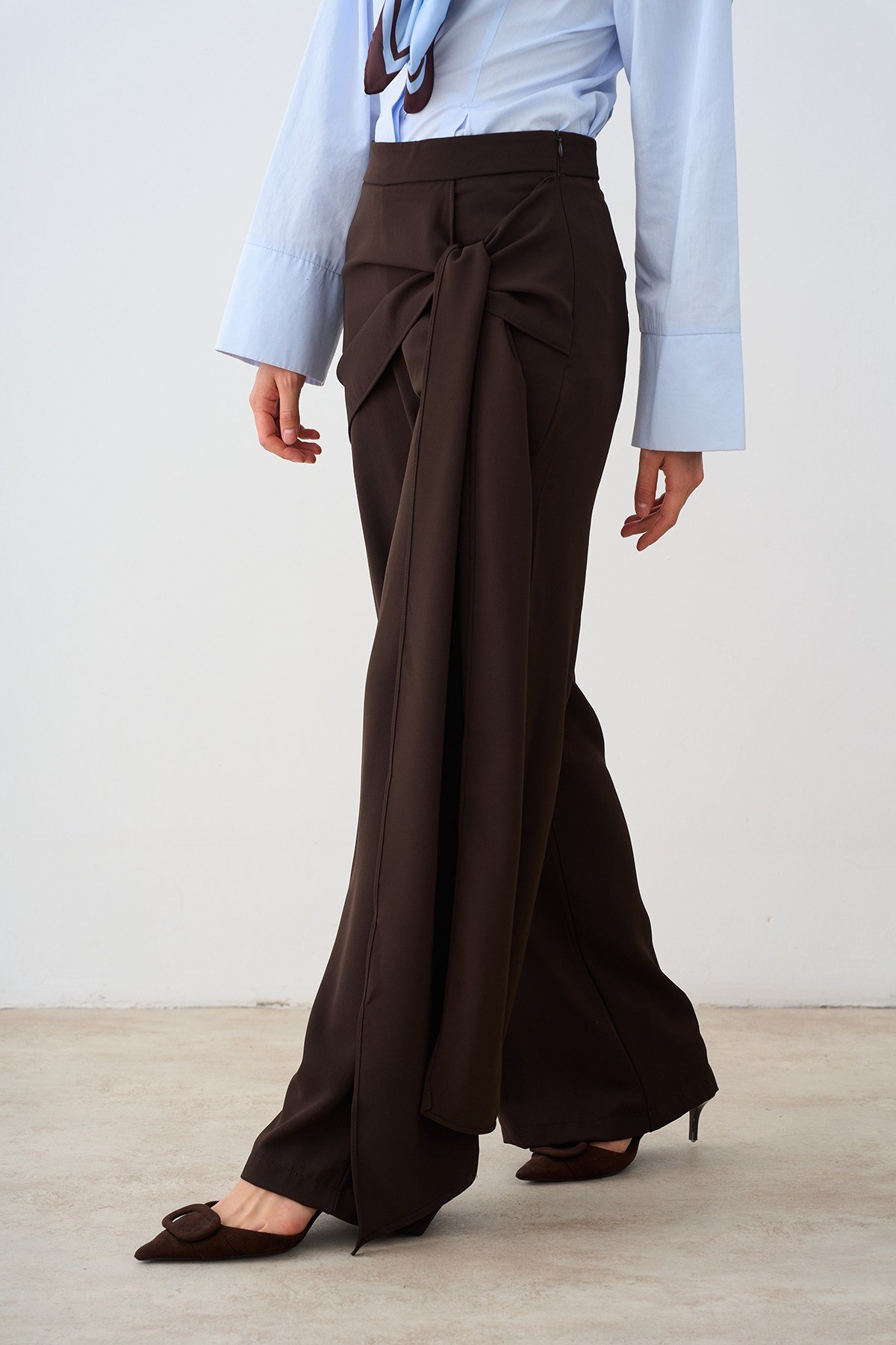 Şal Detaylı Pantolon Kahverengi