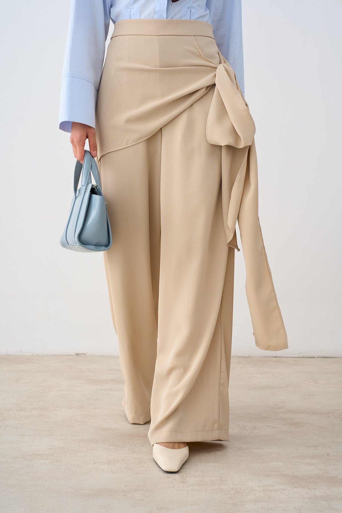 Şal Detaylı Pantolon Krem