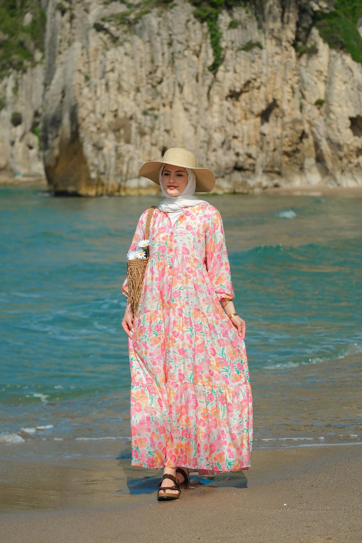 Sarmaşık Çicek Desenli Elbise Pembe